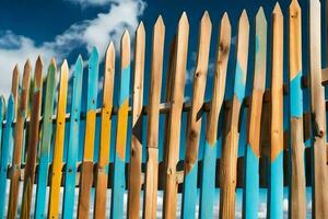 a wooden fence with colorful painted sticks. AI-Generated photo