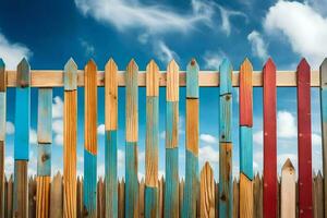 a colorful fence with blue sky and clouds. AI-Generated photo