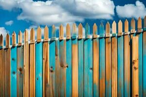 a wooden fence with blue paint on it. AI-Generated photo