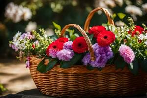 a basket with red and purple flowers in it. AI-Generated photo