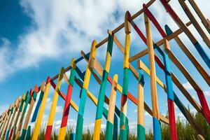 colorful wooden fence with blue sky in the background. AI-Generated photo