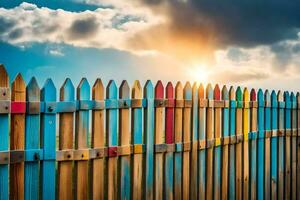 a colorful wooden fence with the sun shining behind it. AI-Generated photo