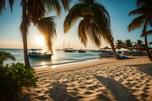 el Dom conjuntos en el playa y barcos son atracado en el agua. generado por ai foto