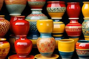 many colorful vases are stacked together. AI-Generated photo