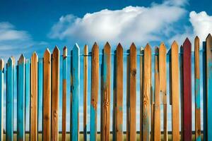 a colorful fence with blue sky and clouds. AI-Generated photo