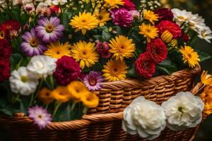 a basket full of colorful flowers sitting on a table. AI-Generated photo