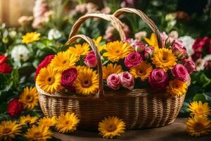 un cesta lleno con flores en un mesa. generado por ai foto