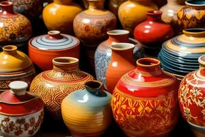 many colorful vases are lined up on a table. AI-Generated photo