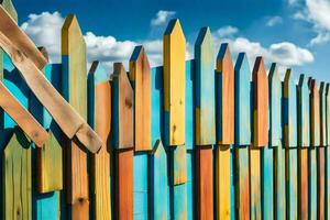 a colorful wooden fence with a blue sky in the background. AI-Generated photo