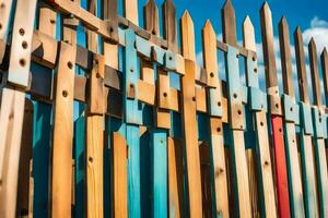 a fence made of wooden boards with different colors. AI-Generated photo