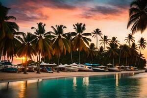 a beach with palm trees and boats at sunset. AI-Generated photo