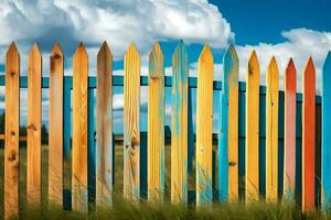 a colorful fence with a blue sky in the background. AI-Generated photo