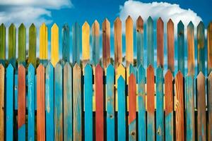 a colorful wooden fence with blue sky and clouds. AI-Generated photo