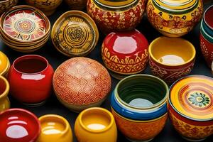 many colorful ceramic pots and bowls are arranged together. AI-Generated photo