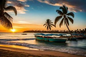 un barco en el playa a puesta de sol con palma arboles generado por ai foto