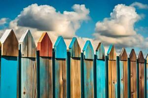 a wooden fence with colorful wooden posts. AI-Generated photo