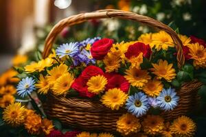 un cesta lleno de vistoso flores en un mesa. generado por ai foto