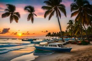 un barco se sienta en el playa a puesta de sol. generado por ai foto