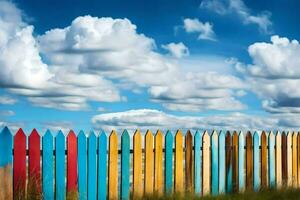 colorful wooden fence against a blue sky. AI-Generated photo