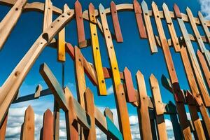 a fence made of wooden sticks with blue sky in the background. AI-Generated photo