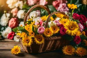 a basket with flowers on a wooden table. AI-Generated photo