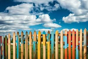 a colorful wooden fence with a blue sky and clouds. AI-Generated photo