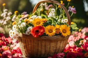 a basket full of flowers on a sunny day. AI-Generated photo