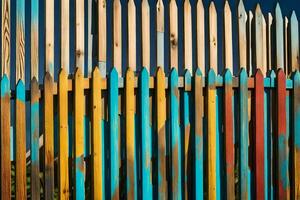 a colorful fence with many different colored wooden posts. AI-Generated photo