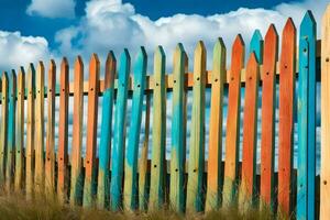 a colorful fence with a blue sky in the background. AI-Generated photo