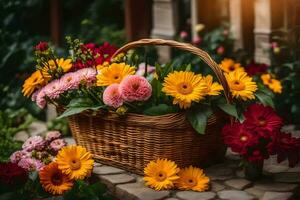 un cesta lleno de flores en un Roca camino. generado por ai foto
