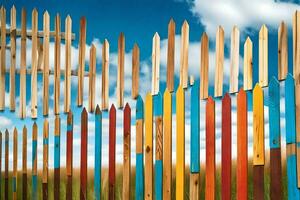 a fence made of wooden poles with colorful stripes. AI-Generated photo