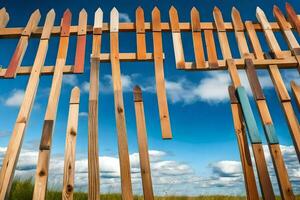 a fence made of wooden sticks with a blue sky in the background. AI-Generated photo