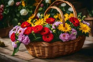 un cesta lleno con vistoso flores en un de madera mesa. generado por ai foto