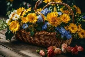 a basket with yellow and blue flowers on a wooden table. AI-Generated photo