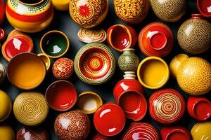 many colorful ceramic bowls and plates are arranged together. AI-Generated photo