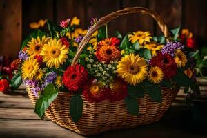 basket of flowers on wooden table. AI-Generated photo