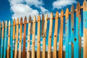 a wooden fence with blue sky and clouds. AI-Generated photo