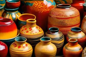 many colorful vases are displayed on a table. AI-Generated photo