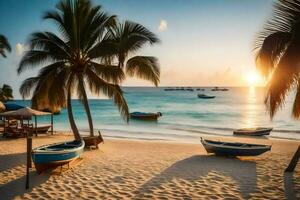 barcos en el playa a puesta de sol. generado por ai foto