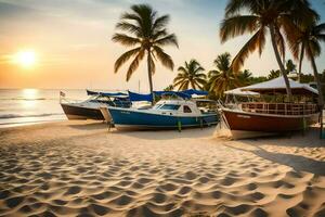 barcos en el playa a puesta de sol. generado por ai foto