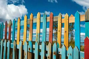 a colorful wooden fence with blue sky in the background. AI-Generated photo