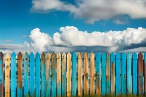 a wooden fence with blue and white clouds in the background. AI-Generated photo
