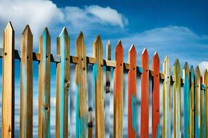 a colorful fence with blue sky and clouds in the background. AI-Generated photo