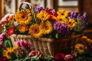 a basket filled with colorful flowers on a table. AI-Generated photo