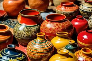 many colorful pottery vases are displayed on a table. AI-Generated photo