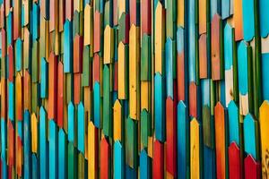 a colorful wall with many different colored wooden sticks. AI-Generated photo