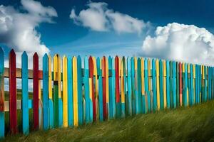 a colorful fence with blue sky and clouds. AI-Generated photo