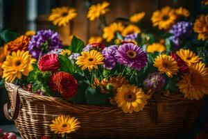 un cesta lleno de vistoso flores en un mesa. generado por ai foto