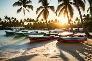 barcos en el playa a puesta de sol. generado por ai foto