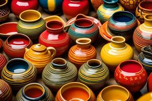 many colorful pottery vases are arranged together. AI-Generated photo